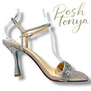 Betsey Johnson Mika Rhinestone Embellished Flare Heel Sandals Blush Pink, 8